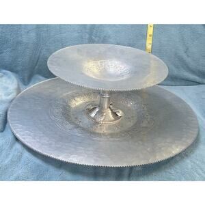 Mid Century Two Tier Hammered Tray Acorn Leaf Decoration Silverlook Continental